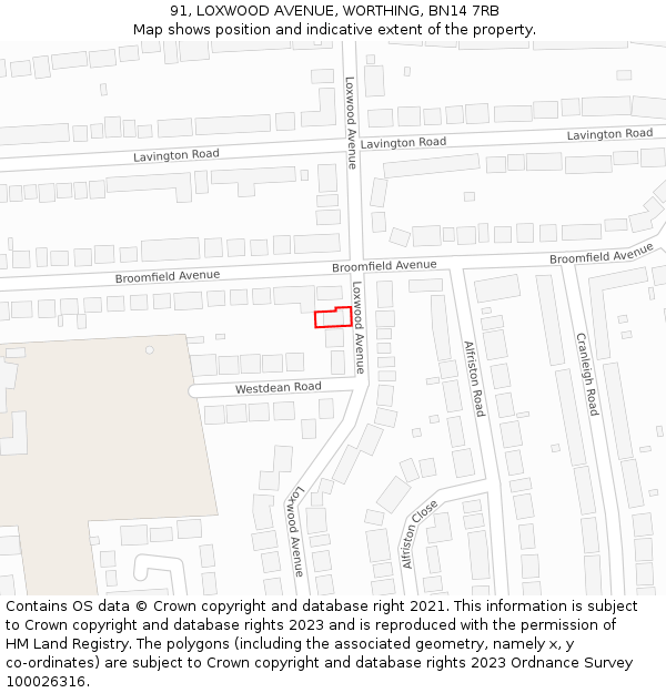 91, LOXWOOD AVENUE, WORTHING, BN14 7RB: Location map and indicative extent of plot