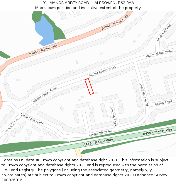 91, MANOR ABBEY ROAD, HALESOWEN, B62 0AA: Location map and indicative extent of plot