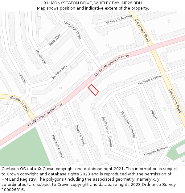 91, MONKSEATON DRIVE, WHITLEY BAY, NE26 3DH: Location map and indicative extent of plot