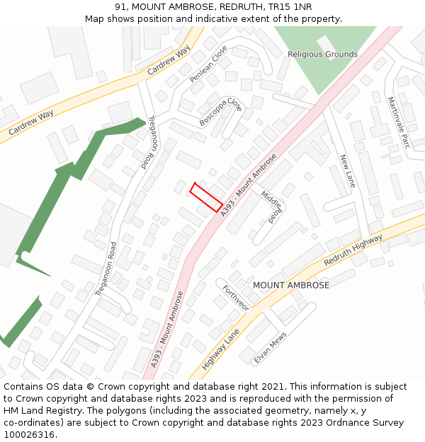 91, MOUNT AMBROSE, REDRUTH, TR15 1NR: Location map and indicative extent of plot