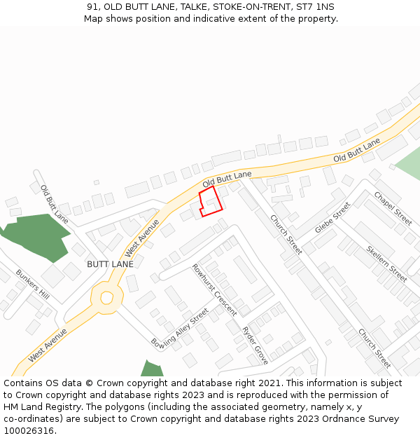 91, OLD BUTT LANE, TALKE, STOKE-ON-TRENT, ST7 1NS: Location map and indicative extent of plot