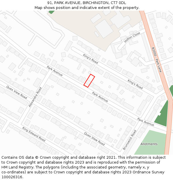 91, PARK AVENUE, BIRCHINGTON, CT7 0DL: Location map and indicative extent of plot