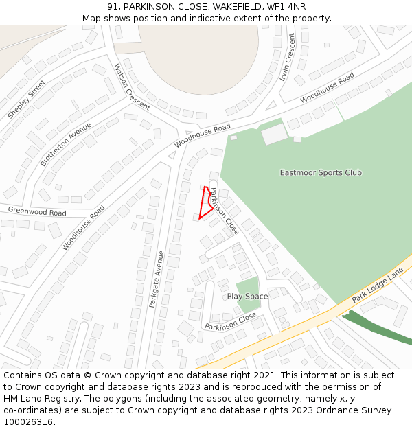 91, PARKINSON CLOSE, WAKEFIELD, WF1 4NR: Location map and indicative extent of plot