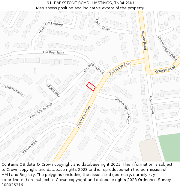 91, PARKSTONE ROAD, HASTINGS, TN34 2NU: Location map and indicative extent of plot