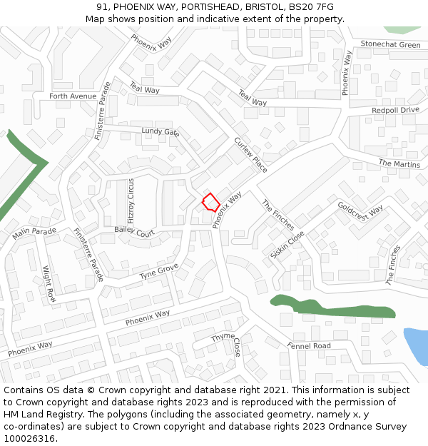 91, PHOENIX WAY, PORTISHEAD, BRISTOL, BS20 7FG: Location map and indicative extent of plot