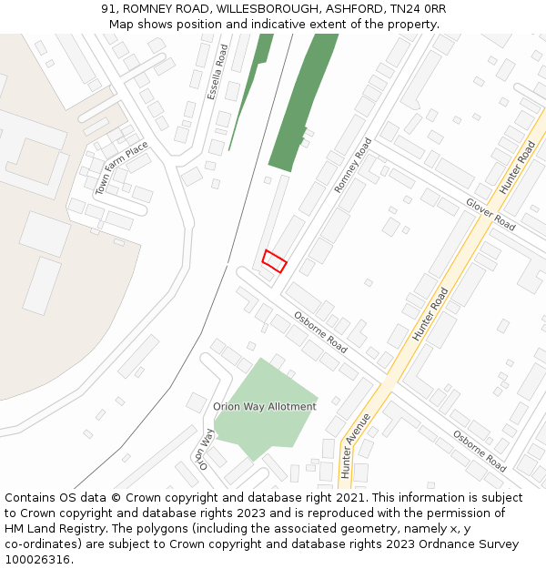 91, ROMNEY ROAD, WILLESBOROUGH, ASHFORD, TN24 0RR: Location map and indicative extent of plot