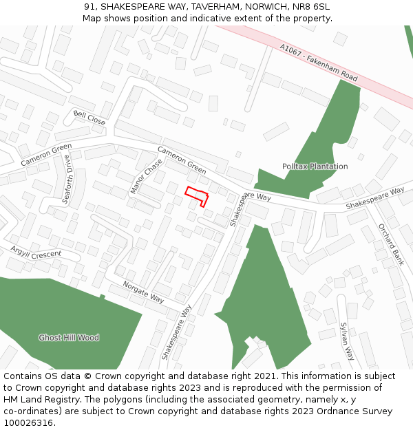 91, SHAKESPEARE WAY, TAVERHAM, NORWICH, NR8 6SL: Location map and indicative extent of plot