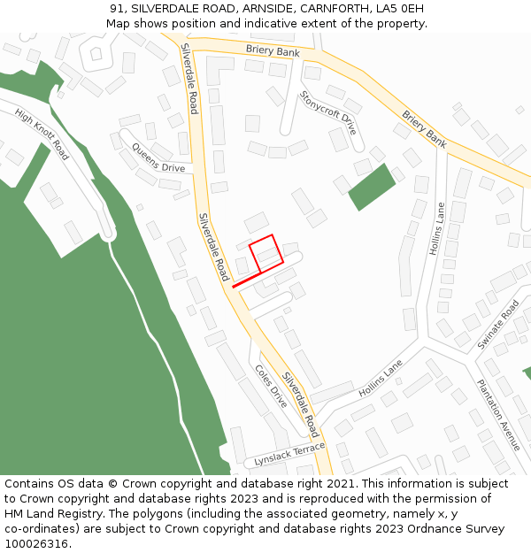 91, SILVERDALE ROAD, ARNSIDE, CARNFORTH, LA5 0EH: Location map and indicative extent of plot