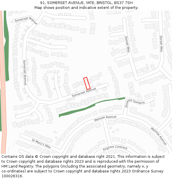 91, SOMERSET AVENUE, YATE, BRISTOL, BS37 7SH: Location map and indicative extent of plot
