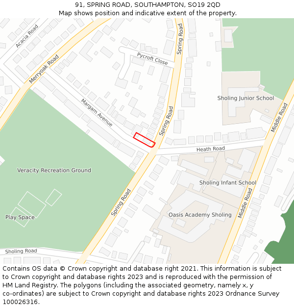 91, SPRING ROAD, SOUTHAMPTON, SO19 2QD: Location map and indicative extent of plot