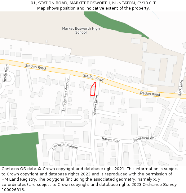 91, STATION ROAD, MARKET BOSWORTH, NUNEATON, CV13 0LT: Location map and indicative extent of plot