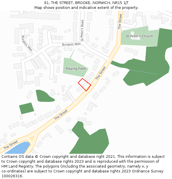 91, THE STREET, BROOKE, NORWICH, NR15 1JT: Location map and indicative extent of plot