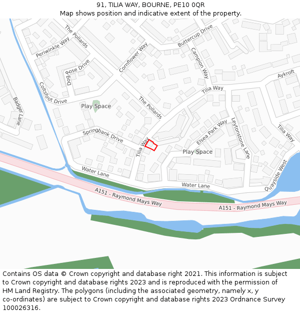 91, TILIA WAY, BOURNE, PE10 0QR: Location map and indicative extent of plot