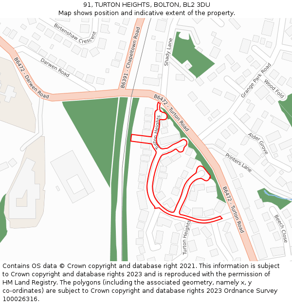 91, TURTON HEIGHTS, BOLTON, BL2 3DU: Location map and indicative extent of plot