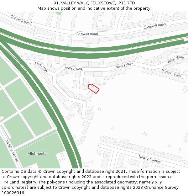 91, VALLEY WALK, FELIXSTOWE, IP11 7TD: Location map and indicative extent of plot