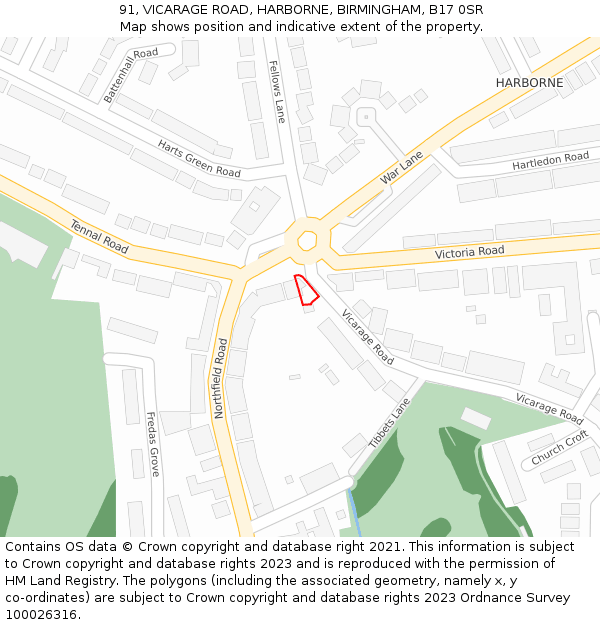 91, VICARAGE ROAD, HARBORNE, BIRMINGHAM, B17 0SR: Location map and indicative extent of plot