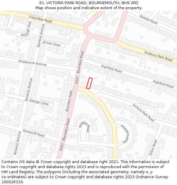 91, VICTORIA PARK ROAD, BOURNEMOUTH, BH9 2RD: Location map and indicative extent of plot