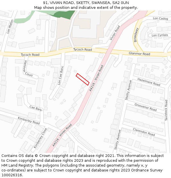 91, VIVIAN ROAD, SKETTY, SWANSEA, SA2 0UN: Location map and indicative extent of plot