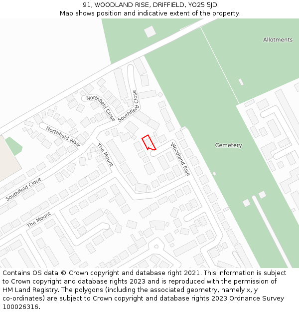 91, WOODLAND RISE, DRIFFIELD, YO25 5JD: Location map and indicative extent of plot