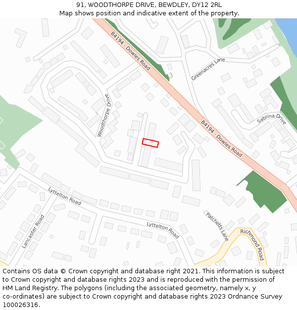 91, WOODTHORPE DRIVE, BEWDLEY, DY12 2RL: Location map and indicative extent of plot