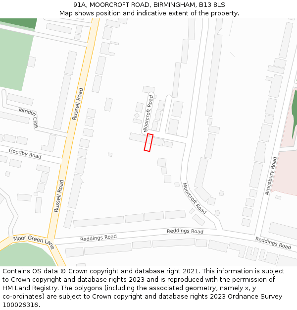 91A, MOORCROFT ROAD, BIRMINGHAM, B13 8LS: Location map and indicative extent of plot