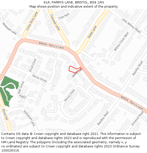 91A, PARRYS LANE, BRISTOL, BS9 1AN: Location map and indicative extent of plot