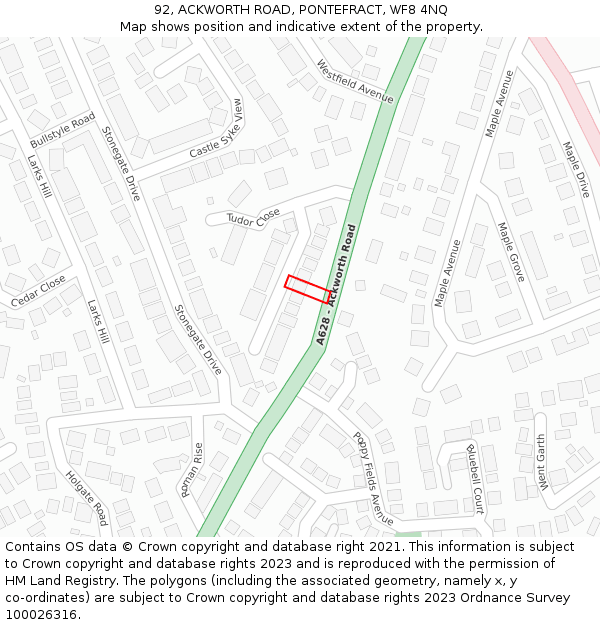 92, ACKWORTH ROAD, PONTEFRACT, WF8 4NQ: Location map and indicative extent of plot