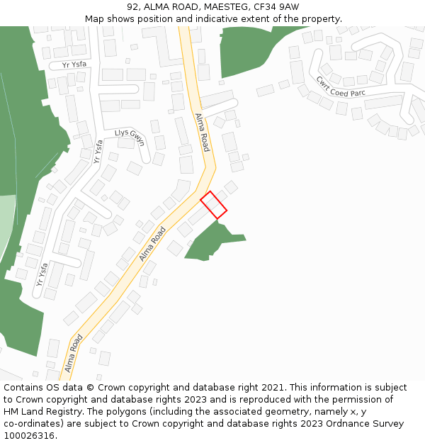 92, ALMA ROAD, MAESTEG, CF34 9AW: Location map and indicative extent of plot