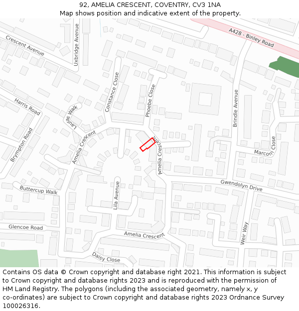 92, AMELIA CRESCENT, COVENTRY, CV3 1NA: Location map and indicative extent of plot