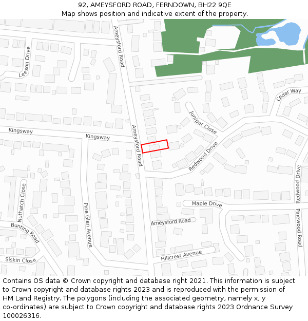 92, AMEYSFORD ROAD, FERNDOWN, BH22 9QE: Location map and indicative extent of plot