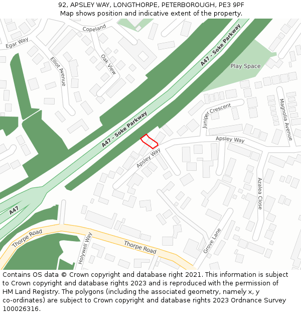 92, APSLEY WAY, LONGTHORPE, PETERBOROUGH, PE3 9PF: Location map and indicative extent of plot