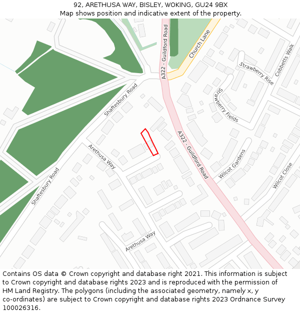 92, ARETHUSA WAY, BISLEY, WOKING, GU24 9BX: Location map and indicative extent of plot