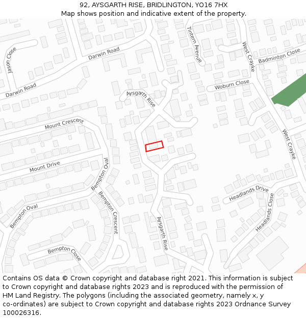 92, AYSGARTH RISE, BRIDLINGTON, YO16 7HX: Location map and indicative extent of plot