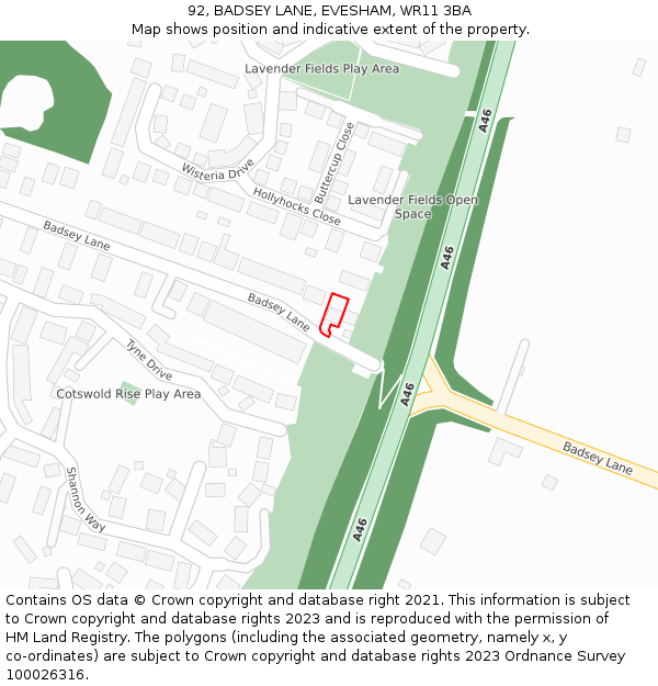 92, BADSEY LANE, EVESHAM, WR11 3BA: Location map and indicative extent of plot