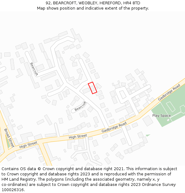 92, BEARCROFT, WEOBLEY, HEREFORD, HR4 8TD: Location map and indicative extent of plot