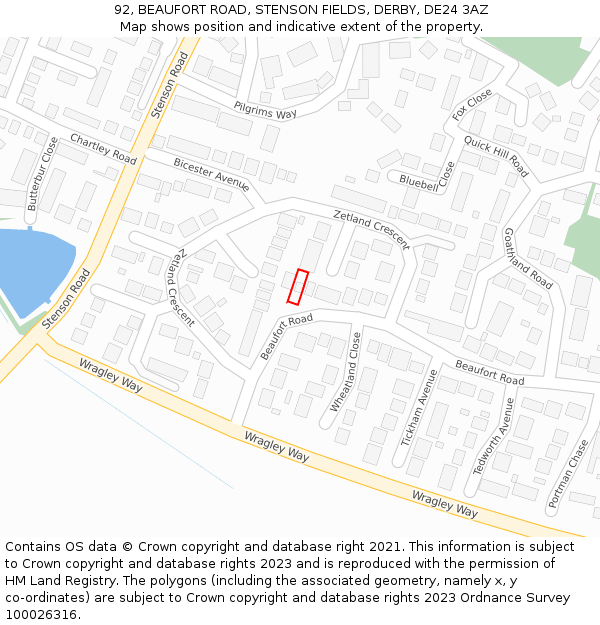 92, BEAUFORT ROAD, STENSON FIELDS, DERBY, DE24 3AZ: Location map and indicative extent of plot