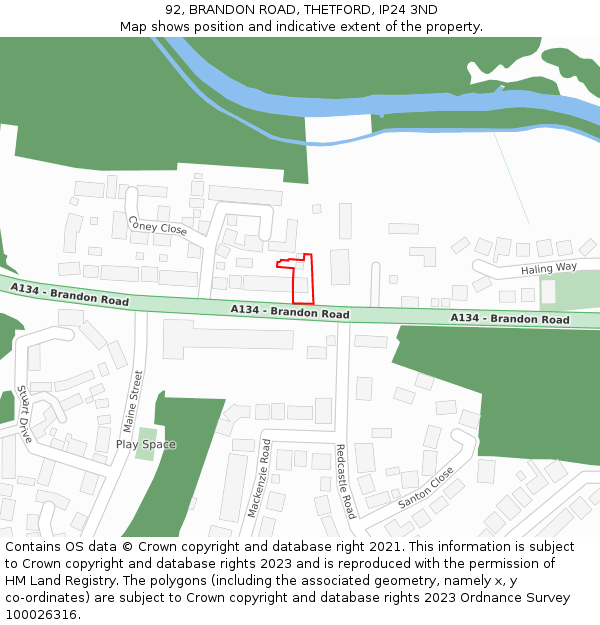 92, BRANDON ROAD, THETFORD, IP24 3ND: Location map and indicative extent of plot