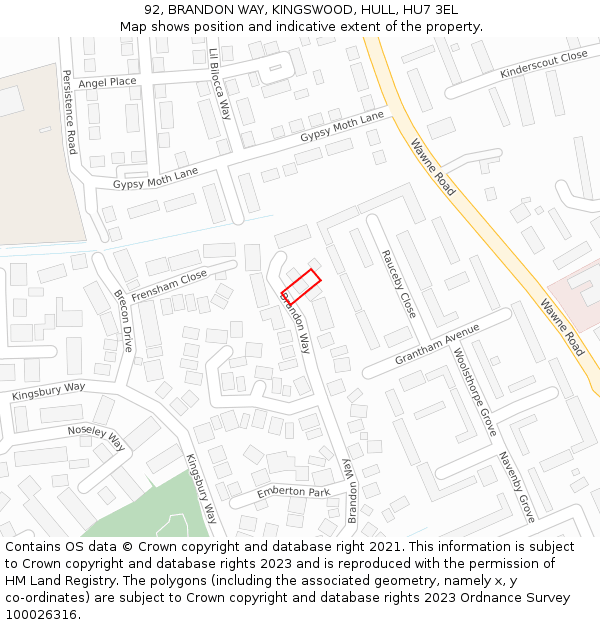 92, BRANDON WAY, KINGSWOOD, HULL, HU7 3EL: Location map and indicative extent of plot