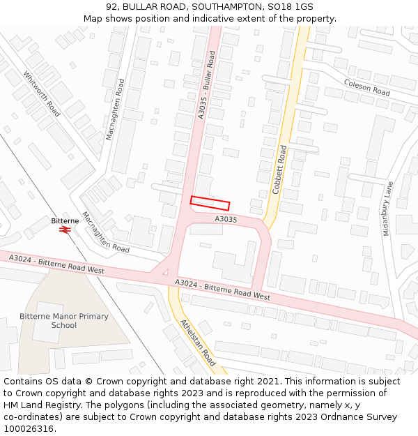 92, BULLAR ROAD, SOUTHAMPTON, SO18 1GS: Location map and indicative extent of plot