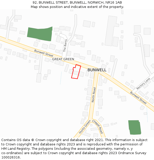 92, BUNWELL STREET, BUNWELL, NORWICH, NR16 1AB: Location map and indicative extent of plot