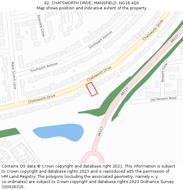 92, CHATSWORTH DRIVE, MANSFIELD, NG18 4QX: Location map and indicative extent of plot