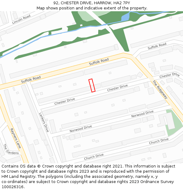 92, CHESTER DRIVE, HARROW, HA2 7PY: Location map and indicative extent of plot