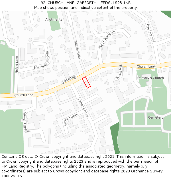 92, CHURCH LANE, GARFORTH, LEEDS, LS25 1NR: Location map and indicative extent of plot