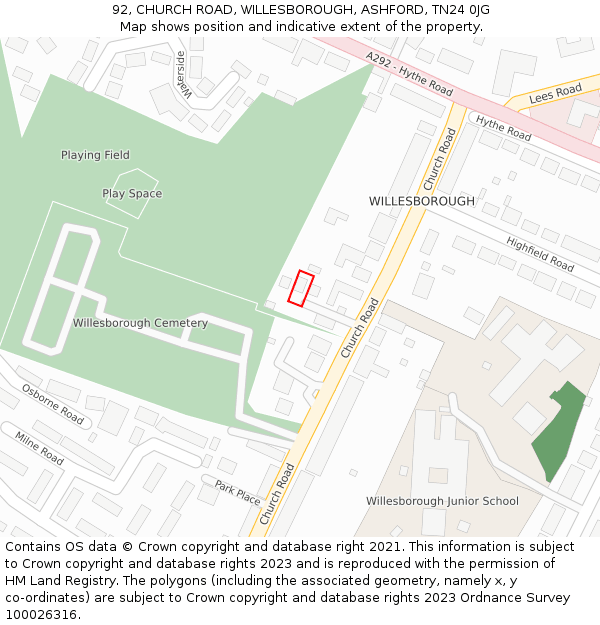 92, CHURCH ROAD, WILLESBOROUGH, ASHFORD, TN24 0JG: Location map and indicative extent of plot