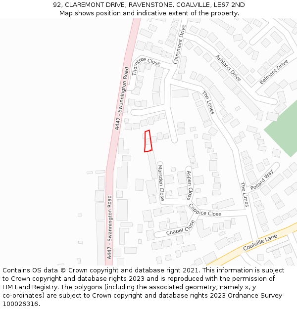 92, CLAREMONT DRIVE, RAVENSTONE, COALVILLE, LE67 2ND: Location map and indicative extent of plot