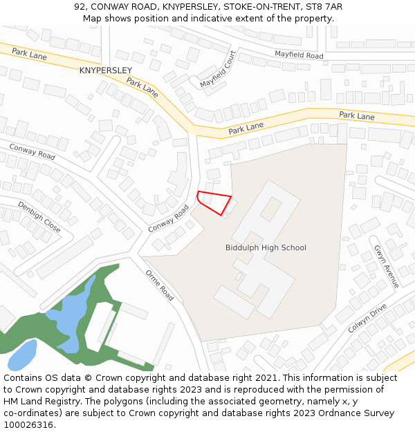 92, CONWAY ROAD, KNYPERSLEY, STOKE-ON-TRENT, ST8 7AR: Location map and indicative extent of plot