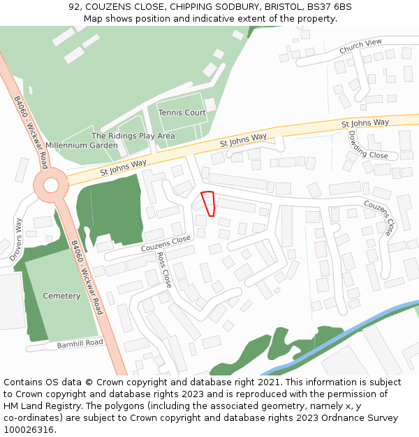 92, COUZENS CLOSE, CHIPPING SODBURY, BRISTOL, BS37 6BS: Location map and indicative extent of plot