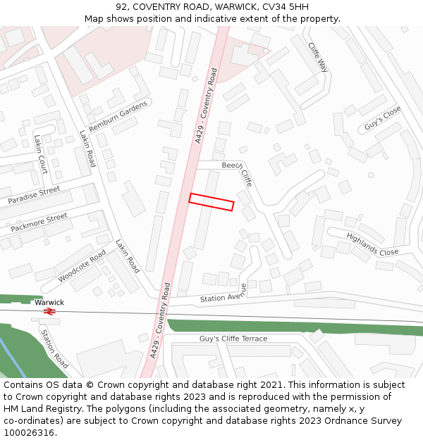 92, COVENTRY ROAD, WARWICK, CV34 5HH: Location map and indicative extent of plot