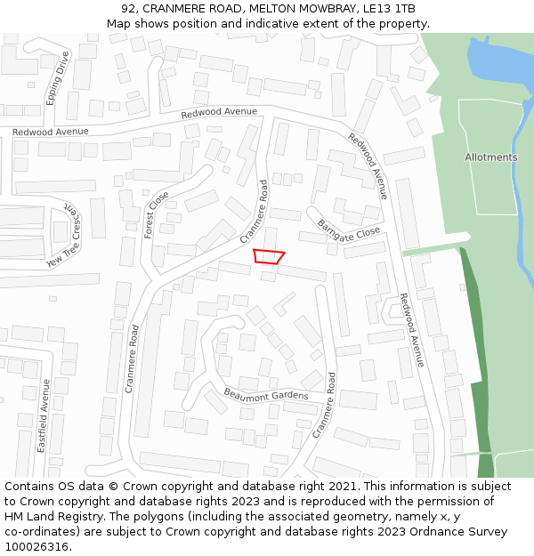 92, CRANMERE ROAD, MELTON MOWBRAY, LE13 1TB: Location map and indicative extent of plot