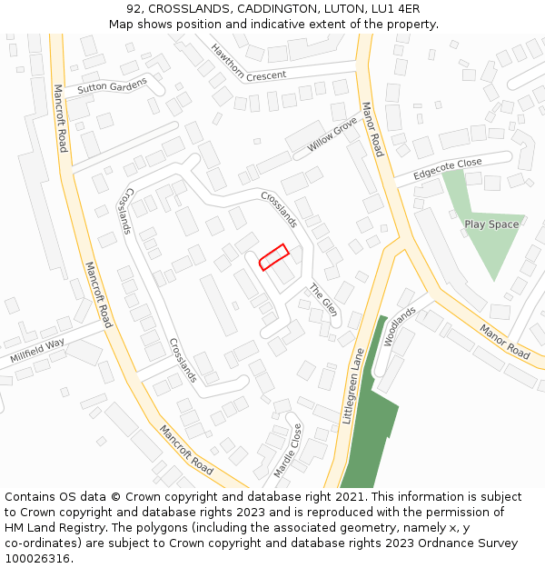 92, CROSSLANDS, CADDINGTON, LUTON, LU1 4ER: Location map and indicative extent of plot